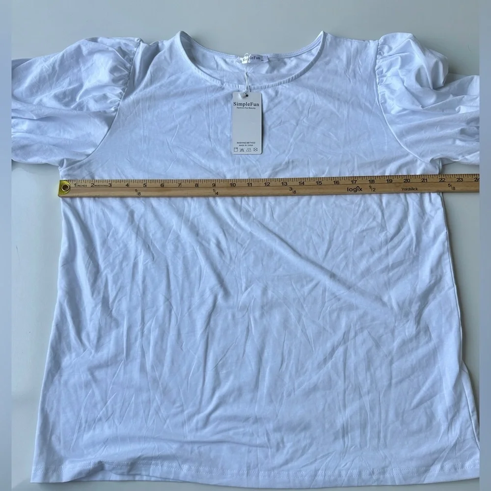 NWT Simple Fun Bright White Puff Sleeve Button Detail T-Shirt Casual Blouse XL - Picture 5 of 6